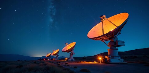 Illuminated radio telescope dishes under sparkling stars at night, night scene, observation, space exploration