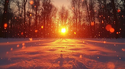 Sunset in snowy forest.
