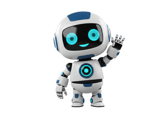 A 3D illustration of a cute futuristic robot with a white and blue body isolated on transparent background