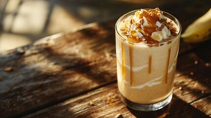   A close-up photo of a drink in a glass sitting atop a table, surrounded by various other objects