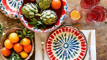   A table laden with bowls of fruit - oranges and artichokes