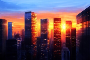 Sunset Cityscape: A Stunning Urban Panorama - A vibrant cityscape at sunset, symbolizing ambition, progress, opportunity, modernity, and community. Golden hour light bathes the skyscrapers