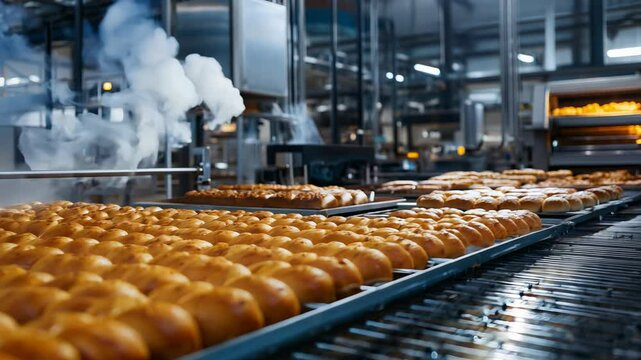 Conveyor belt with a variety of breads and pastries. Scene is busy and industrial
