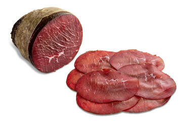 Sliced Bresaola ham, slices of Bresaola salami from Valtellina, Italy, cured meat isolated on white with clipping path included