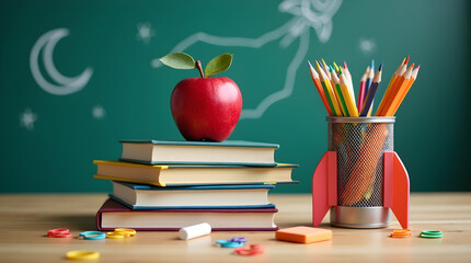Bright Educational Classroom Setup Apple Books Pencils Rocket Chalkboard