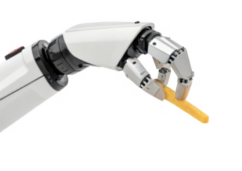 robotic hand delicately holds golden fry, showcasing intersection of food and technology in modern culinary practices