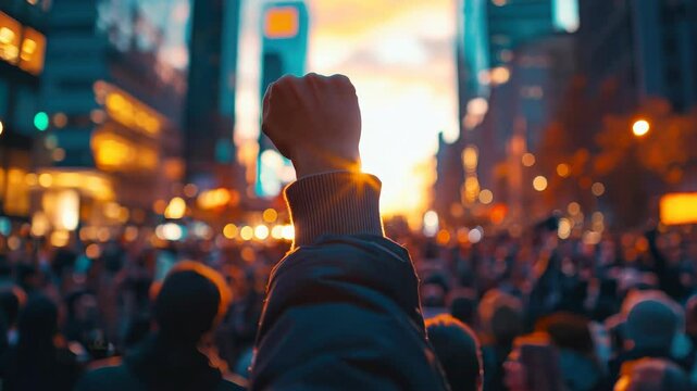 Crowd of people are gathered in a city square, with one person in the foreground holding up a fist. Concept of unity and solidarity among the crowd