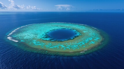 Aerial view of coral atoll with turquoise waters and deep blue ocean