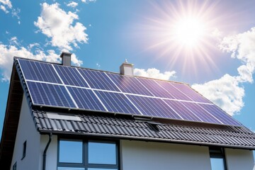 Fototapeta premium Close-up photograph of solar panels on the roof of a modern family house, with a beautiful sky