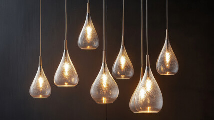 A collection of elegant teardrop light fixtures casting a warm glow on a textured dark background, enhancing interior ambiance