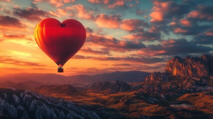 Fototapeta premium Heart Shaped Hot Air Balloon Soaring Over Sunset Mountains