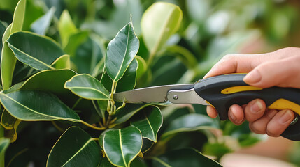 A close-up shot of a person's hand carefully cutting a Ficus Elastica (Rubber Plant) with sharp garden shears. 