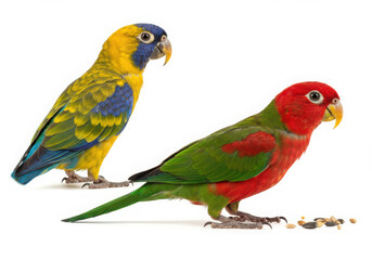 Two colorful parrots standing on a white surface with seeds scattered near the red parrot