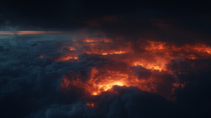 A dramatic night sky illuminated by glowing orange moonlight, casting an eerie and moody atmosphere over thick clouds