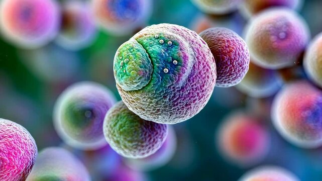 Colorful microscopic view of cells showcasing intricate structures and patterns in a vibrant environment