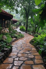 Obraz premium Rainy day scene of a stone path winding through lush, green tropical foliage. Overcast lighting enhances the wet stone and vibrant plants