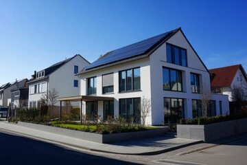 solar panels on the roof of a modern house in Germany, against a blue sky on a sunny day