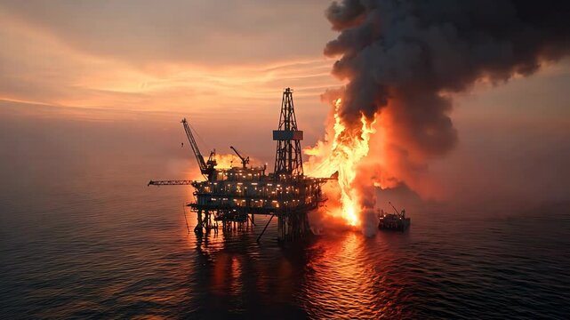 Fire is burning on a platform in the ocean. The sky is orange and the water is dark