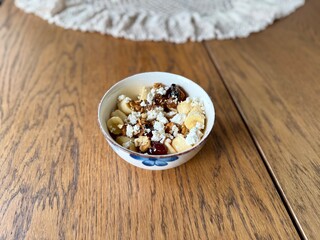 Cottage cheese bowl or curd cheese with banana, walnut and jam also called turkish lor peyniri