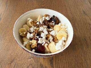 Cottage cheese bowl or curd cheese with banana, walnut and jam also called turkish lor peyniri