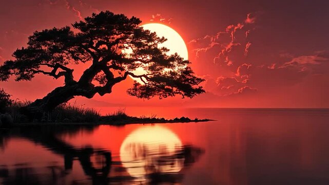 Serene sunset over a tranquil lake with silhouetted tree and clouds