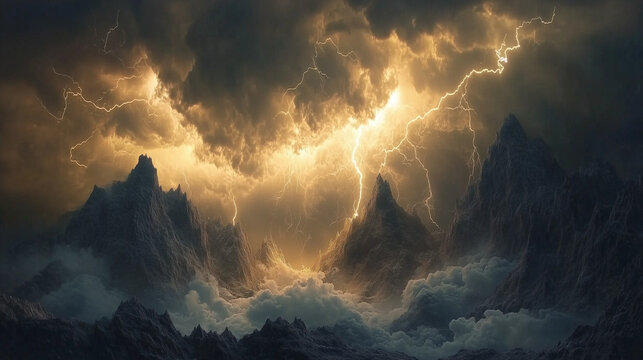 A powerful thunderstorm rolling over a rugged mountain landscape, dark storm clouds swirling above jagged peaks.
