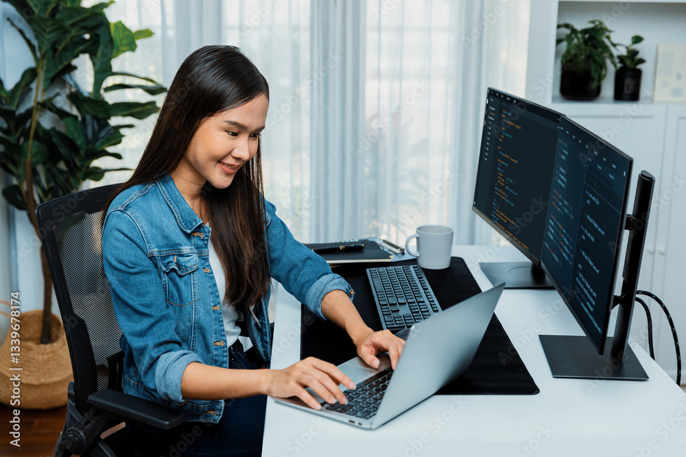 Poster smiling young asian in it developer creating with typing online information on laptop with coding pr