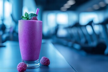 Refreshing smoothie prepared with raspberries served in a gym to support health and fitness activities. Nutritious drink perfect for post workout recovery and energizing before workouts