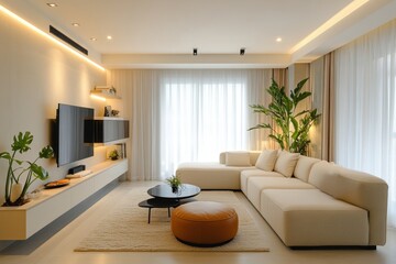 Fototapeta premium Serene Modern Living Room: A bright and airy living room with modern minimalist design. Featuring a comfortable sectional sofa, sleek coffee tables, and lush plants.