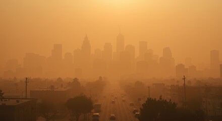 Obraz premium City Skyline View Overlooking Streets on a Hazy Day
