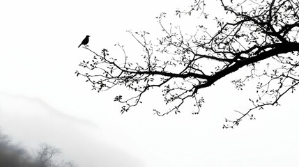 Fototapeta premium Bird perched on branch, foggy mountain backdrop, nature scene, stock photo