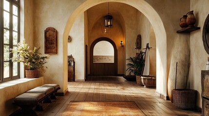 Entryway with arched walls and warm, inviting decor