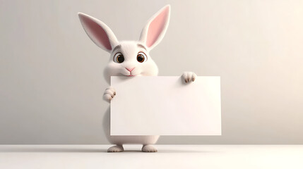 Cute animated rabbit holding a blank sign in a minimalistic setting with soft lighting