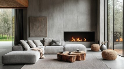 Grey corner sofa and rustic coffee table in a room with a fireplace, creating a warm and inviting space