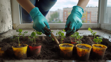 Fototapeta premium A woman agronomist, wearing colored rubber gloves, carefully rips the soil with a wooden stick, tending to her young seedlings in peat pots placed on a windowsill inside a residential building