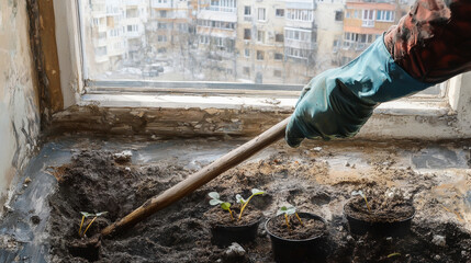 A woman agronomist, wearing colored rubber gloves, carefully rips the soil with a wooden stick, tending to her young seedlings in peat pots placed on a windowsill inside a residential building