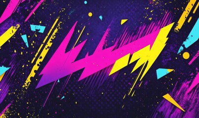 Abstract Neon 80s Retro Style Artwork: Vibrant Pink, Yellow, and Blue Geometric Shapes on Dark Background