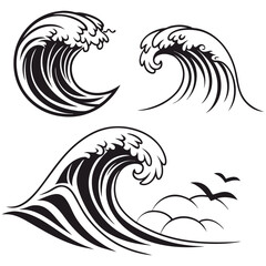 Silhouette of water wave vector icon, Wave beach vector symbol, Set of sea wave logo in black