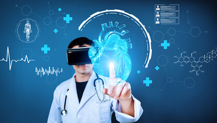 Smart doctor wearing VR glasses to access big data and pointing at medical data. Professional healthcare worker checking patient human organ and analyzing and diagnosis symptom. Healthcare. Ingenuity.