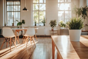 Obraz premium Serene Interior: A bright, inviting interior space filled with natural light, minimalist furniture and potted plants creating an atmosphere of calm.