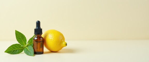Aromatherapy for Workplace Wellness: Mint and Lemon Essential Oils on yellow Background with Copy Space, Enhancing Mental Clarity