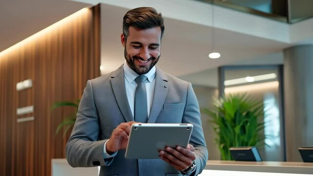 In a contemporary office lobby, a welldressed business professional is utilizing a tablet, showcasing how advanced technology has become an integral part of the modern workspace environment