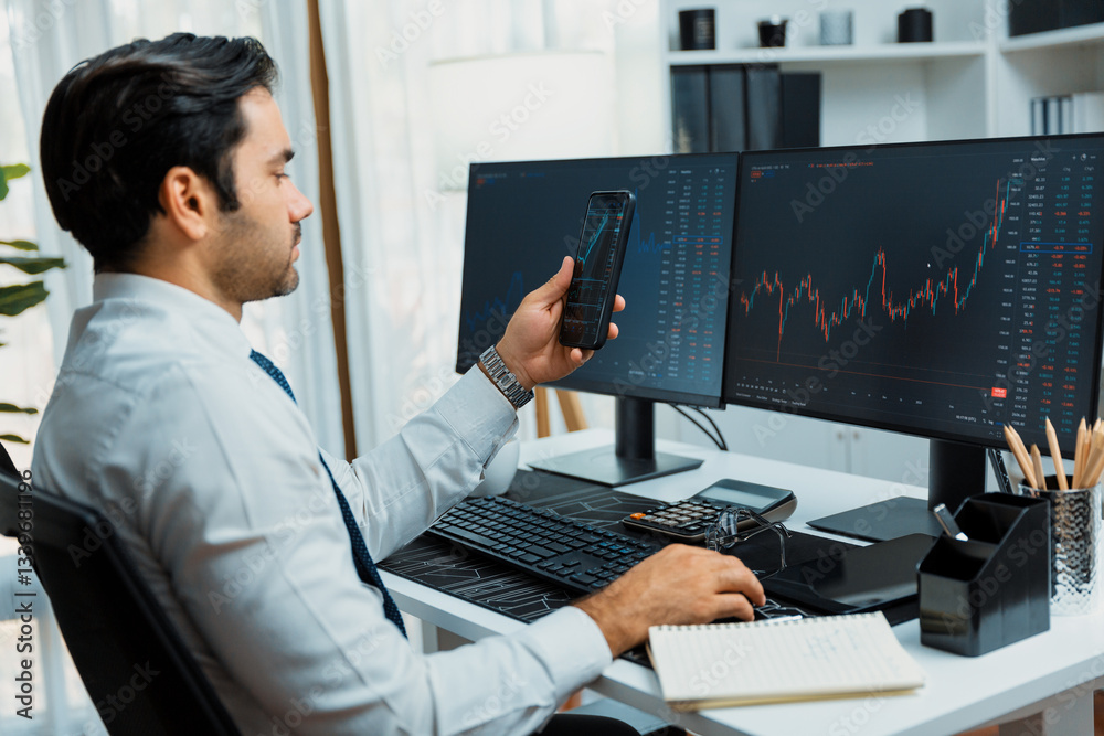 Poster trader businessman searching on smartphone, analyzing in dynamic stock exchange investment screen on