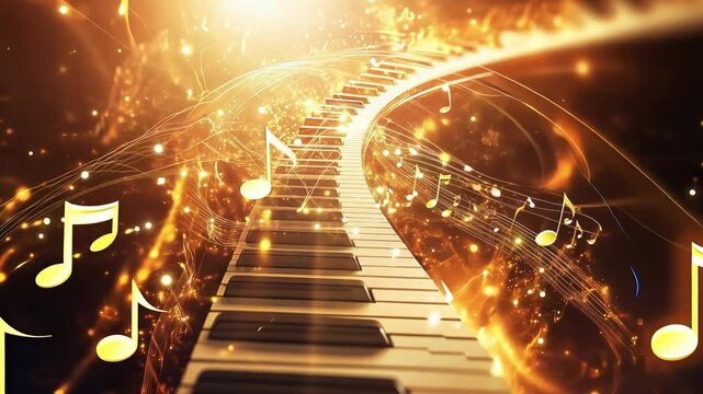 Keyboard with notes and a flame on it. The notes are scattered all over the keyboard, and the flame is on the right side of the keyboard. Concept of creativity and passion for music