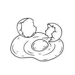 Line sketch, coloring of a broken chicken egg with white and yolk flowing out. Vector graphics.