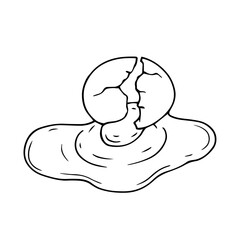 Line sketch, coloring of a broken chicken egg with white and yolk flowing out. Vector graphics.