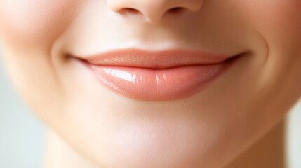 Fototapeta premium Smiling woman with glossy lips, close-up shot, beauty portrait