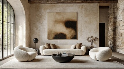 Loft-style living room with boucle chairs and sofa, stucco wall, abstract art, and a serene color palette