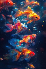 Vibrant goldfish with pixelated textures swim in a dark, glittering water. Air bubbles and sparkling lights add magical atmosphere