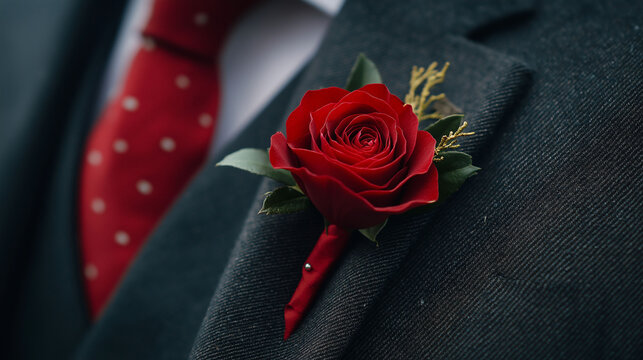 A close-up of a red rose pinned to a lapel, symbolizing England and St. George&rsquo;s Day, elegant diffused lighting